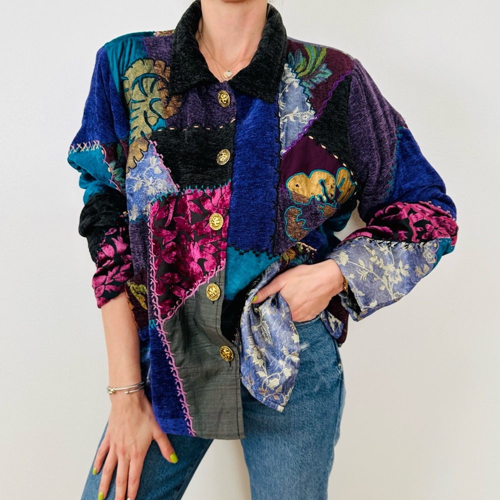 Vintage Tapestry Patch Velour Knit Gold Button Jacket boho quilted